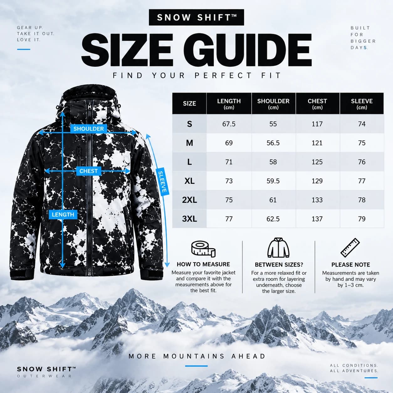 Snow Shift size guide, sizes S through 3XL